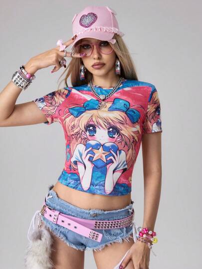 Maglietta corta con grafica di ragazza anime retrò carina da donna