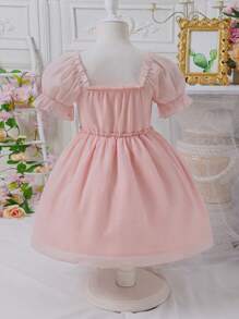 Glamorique Kids Young Girl Textured Fabric Ruffle Trim Square Neck Short Puff Sleeve A-Line Dress, Spring/Summer