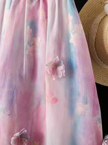 Kleine Mädchenkleid mit Batik-Muster, 3D-Blumendekoration, modischer Neckholder-Ausschnitt