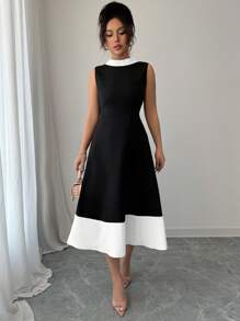 Selianne Đầm midi hở lưng, hở vai, cổ chữ V, eo thanh lịch, thoải mái, quyến rũ, đi làm, đi nghỉ, thời trang thanh lịch cho nữ - Đen và trắng - Xem 3