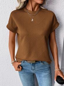 SHEIN LUNE Camiseta de mujer de manga corta con cuello redondo, tela texturizada y estampado de murciélago beige - Óxido marrón - Ver 6