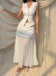 SHEIN EZwear 优雅女士白色两件套梭织面料无袖 V 领褶饰上衣和褶皱中长裙套装常规长度 - 米色 - 查看 6
