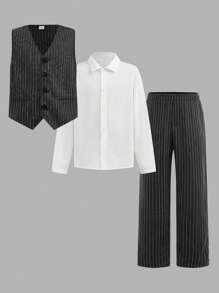 2 件儿童/青少年男孩休闲校服套装：长袖条纹衬衫、背心和长裤，绅士西装套装适合学校、花园、海滩、生日、春夏秋冬 - 黑色 - 查看 3
