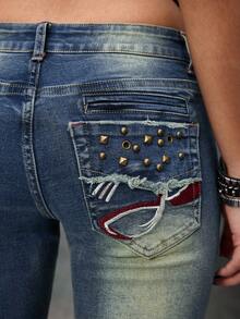 ROMWE Hippie Y2K Vintage Rivet Design Women Flared Jeans, Retro American Style