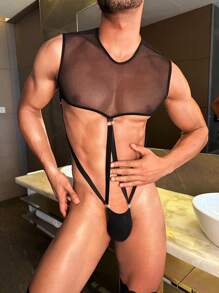 男士纯色网眼拼布镂空性感紧身衣内衣