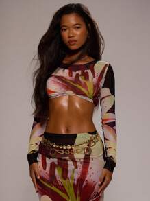 MUSERA 印花图案超短款长袖修身上衣，适合度假、生日、婚礼、参加派对，优雅可爱性感，波西米亚风，伊比沙岛音乐节、沙漠兰花主题外出上衣，圣诞节适用，优雅 - 彩色 - 查看 1