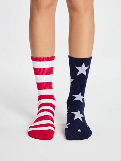 Grunge Punk 1 Pair Versatile AB Striped Pentagram Mid-Calf Socks ,4th Of July