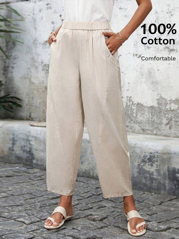 EMERY ROSE بنطلون نسائي قطني بخصر مطاطي وجيوب مائلة وساق مستقيمة واسعة، لون أحادي للنساء