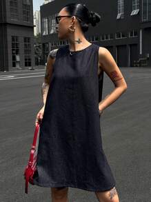 DAZY 深色水洗无袖宽松长款牛仔上衣，春夏 - 深色水洗藍 - 查看 1