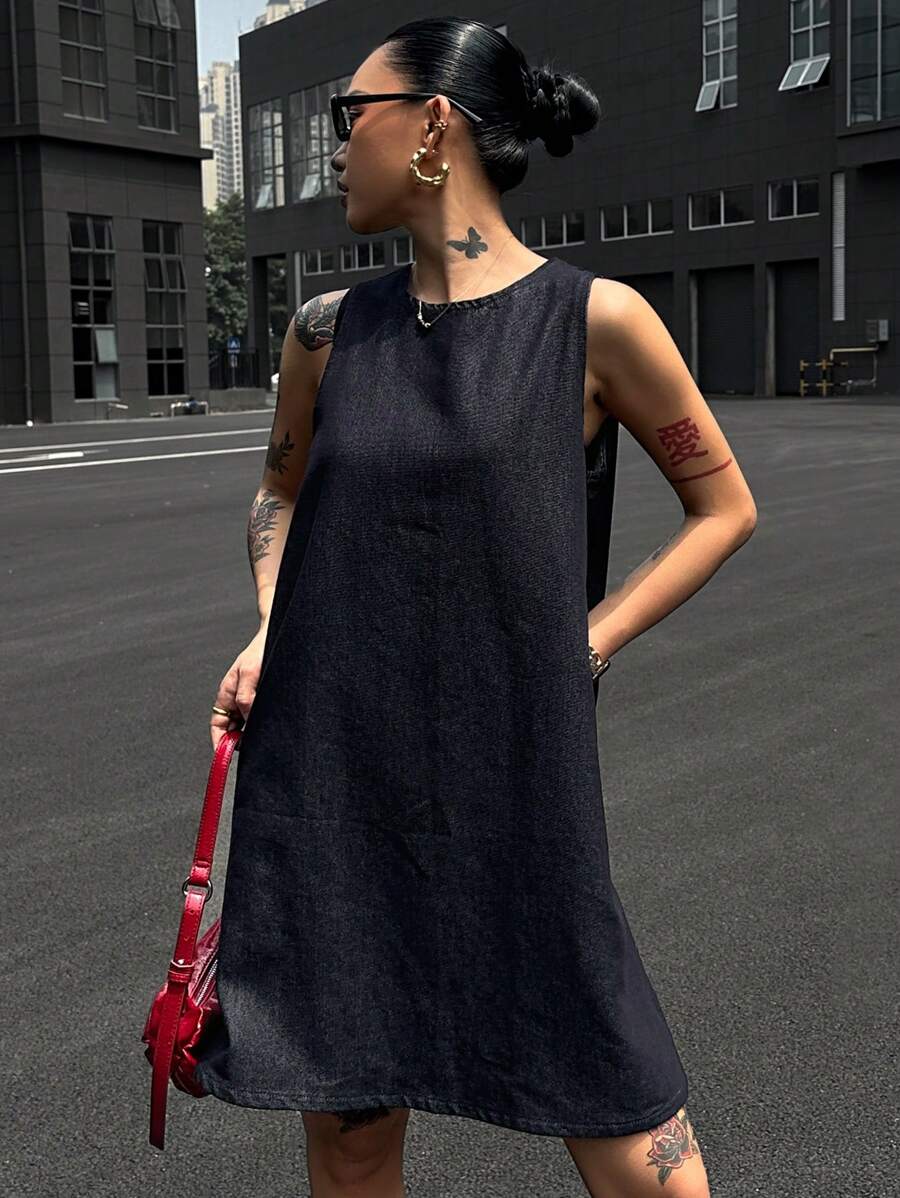 DAZY 深色水洗无袖宽松长款牛仔上衣，春夏 - 深色水洗藍 - 查看 1