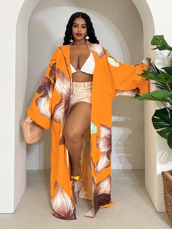 Slaydiva New Spring/Fall Women Clothes/Plus Size Summer Clothes/Th Of July/Fourth Of July Women/Y2K/Streetwear Women/Country/Beach/Club/Teacher/Linen/Streetwear/European Summer/Summer Outfits For Women /Trending Clothes For Women//Summer Loose Long Sleeve Plus Size Women Top/Outerwear, Suitable For Music Festival, Easter, Bohemian, Nashville Style, Birthday Party, Graduation, Daily Casual Wear, Vacation, Cruise Travel, Beach, Abstract Floral Print In Yellow, Orange, Green Beach Kimono Beach Cover Up Flor