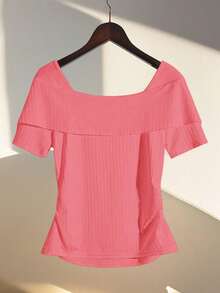 GlowEve Knitted Striped Texture Splicing Button Decor Luxe Pink Short Sleeve Top For Women, Summer - Dusty Pink - View 2