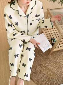 2pcs Teen Girls Apricot Color Bow Print Long Sleeve Top And Pants Casual Loungewear Set,Summer,Travel - Apricot - View 3