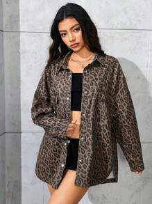 SHEIN EZwear 女式豹纹落肩单排扣休闲牛仔夹克 - 彩色 - 查看 5