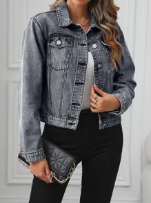 EMERY ROSE 女士休闲水洗短款牛仔夹克 - 灰色 - 查看 5