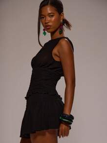 MUSERA Top ajusté sans manches en mousseline de soie avec encolure bateau et corsage froncé. Idéal pour le printemps, l'été, les vacances, la plage, élégant, mignon, sexy, bohème, anniversaire, festival, désert, orchidée - Noir - Voir 3