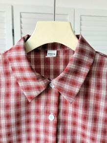 SHEIN Áo sơ mi ngắn tay kẻ caro đỏ trắng cổ điển thường ngày dành cho bé gái tuổi mới lớn - Đỏ và trắng - Xem 4