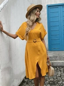 INAWLY Women's Summer Solid V-Neck Batwing Short Sleeve Casual Mid-Length Dress, For Back To School