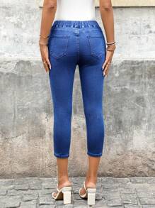 SHEIN LUNE Pantalon long en jean unicolore, pour l'été - Bleu azur - Voir 2