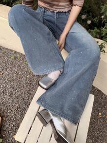 DAZY 女式全花卉印花口袋休闲阔腿牛仔裤 - 藍色 - 查看 4