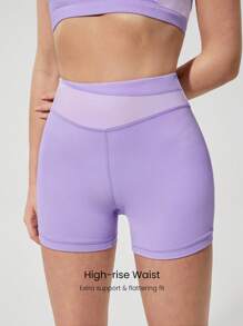 GLOWMODE 4.3" FeatherFit™ Winning Streak Sweat Wicking Buttery Soft Stretchy Anti-Slip Colorblock Waist Biker Shorts Low Impact Yoga Pilates Barre Studio Daily Casual Wear - Lilac Purple - View 3