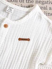 SHEIN Bộ đồ liền thân tay ngắn màu trơn thường ngày cho bé trai sơ sinh + quần short, mùa hè - trắng - Xem 6