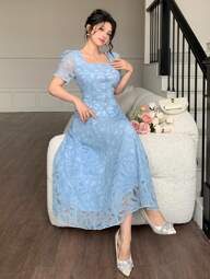 Modelyn Women's French Lace Elegant Waist Cinching Dress