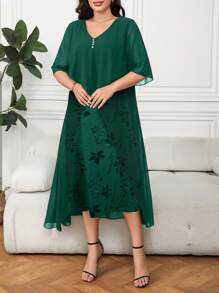 SHEIN Clasi Vestido 2 en 1 de talla grande con estampado y bajo asimétrico - Verde - Ver 3