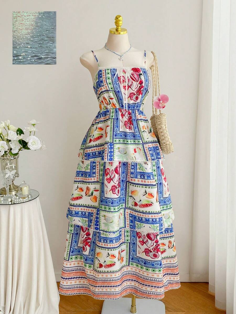 SHEIN EZwear Summer Bohemian Vacation Style Fruit & Floral Print Layered Plus Size Maxi Dress - Multicolor - View 1