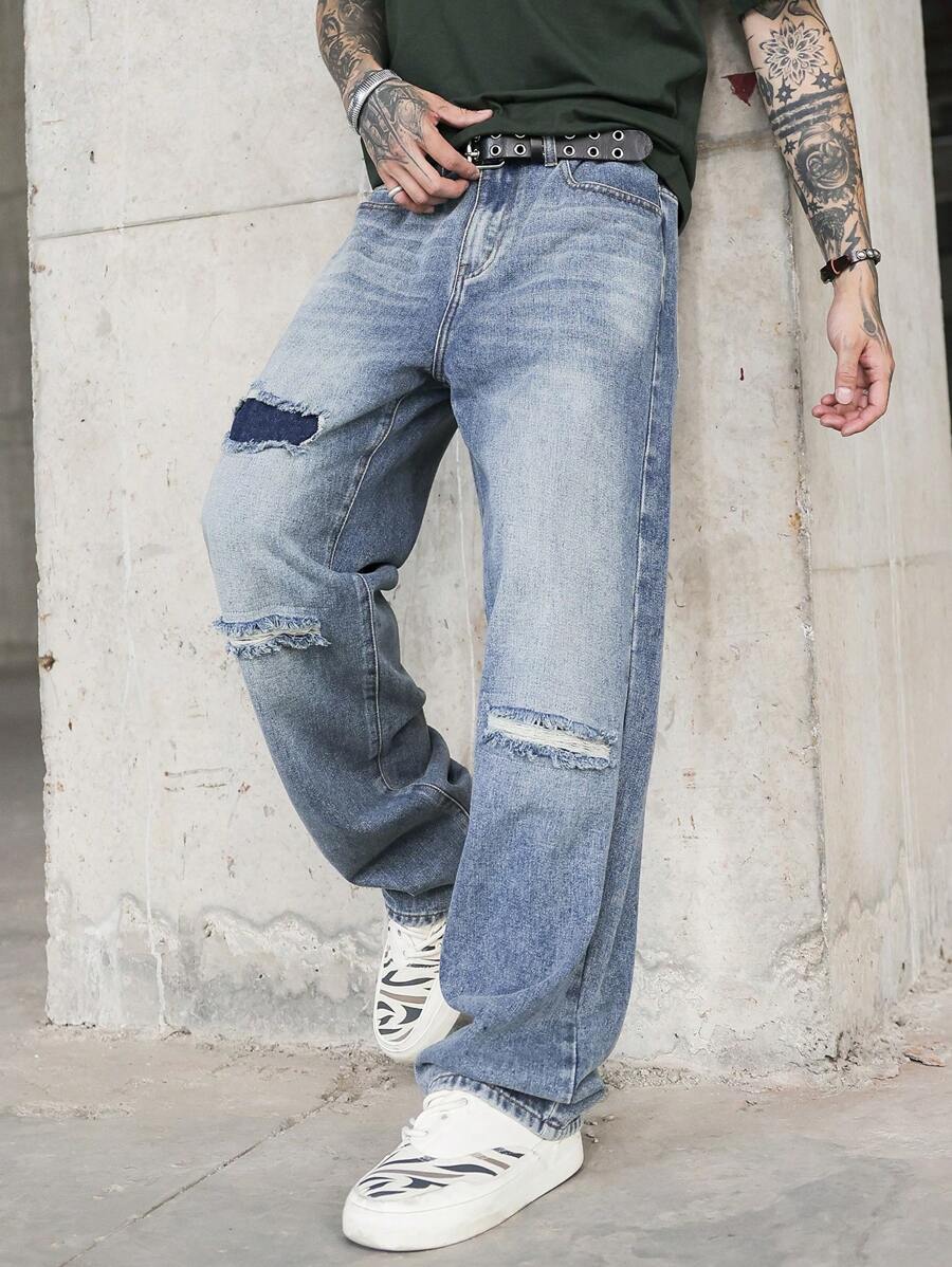 Manfinity Homme Men's Casual Washed Distressed Straight Leg Jeans - Medium Wash - View 1