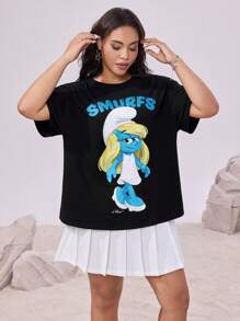 The Smurfs X SHEIN 大码女式休闲宽松卡通图案可爱夏季音乐节黑色T恤 - 黑色 - 查看 5