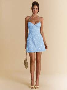 SHEIN BAE 夏季女式露背亮片提花绿色度假迷你连衣裙 - 淺藍色 - 查看 7