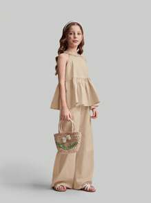 Ontre 2pcs Set Tween Girls Fashion Unique Crochet Style Halter Ruffled Hem Loose Solid Color Pants Casual Outdoor Summer Vacation Soft Comfortable Minimalistic & Versatile - Khaki - View 1