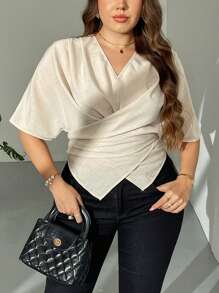 Firerie Plus Women's New Apricot V-Neck Short Sleeve Cross-Tie Blouse, Comfortable Linen-Like Fabric, Tie-Waist Shirt Top, Short Sleeve Blouse, Summer Shirt, Work Shirt, Commuter, Elegant, Casual, Holiday, Beach, Mother's Day, Teacher, Work Uniform Women Summer Woman Summer Formal Women Casual Top Women Summer Sets,Business Casual