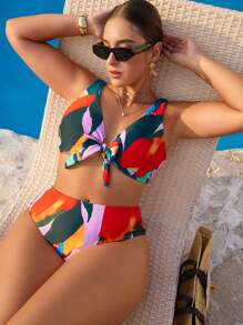 Swim Vcay 1 Set Traje de baño de bikini con diseño serigráfico aleatorio, sexy y atado adelante, para vacaciones en la playa, talla grande para mujer