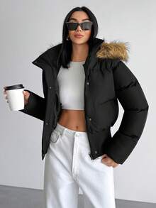 EURMUSE Women Short Fake Fur Hooded Rib Belt Winter Padded Coat - Black - View 5