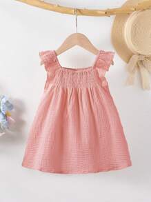 SHEIN 女宝宝韩版休闲可爱粉色碎花荷叶边袖白色梭织连衣裙，夏季