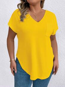 Plus Size Solid Color Asymmetric Hem Casual Short Sleeve T-Shirt, Summer - Yellow - View 4