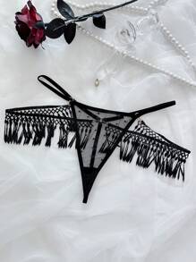 SHEIN 女士流苏装饰网眼性感内裤，外出必备 - 黑色 - 查看 2