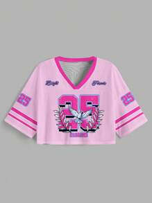SHEIN EZwear Muchica 粉色撞色运动风格数字 25 和平图案女式休闲 V 领宽松短款 5/8 袖网眼 T 恤，适合夏季、运动游戏和活跃 - 粉色 - 查看 5