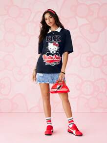 HELLO KITTY AND FRIENDS | SHEIN 1 件夏季休闲卡通字母印花拼色 Polo 领短袖 T 恤，男女通用 - 藏蓝色 - 查看 6