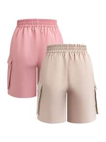 SHEIN PETITE Set de 2 pantalones cortos tipo cargo con bolsillos laterales y cintura elástica delgada para mujer, de uso casual - Multicolor - Ver 2