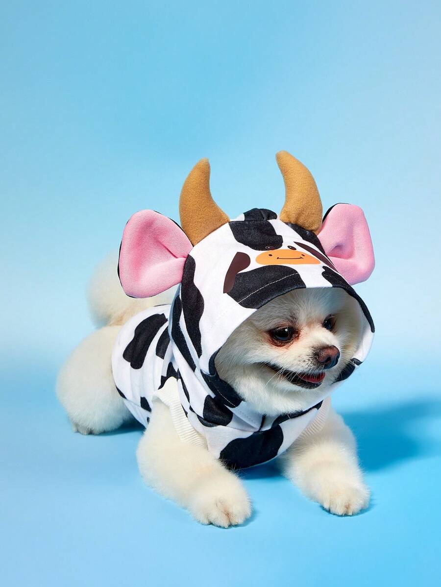 PETSIN 1pc Pet Cat Dog Universal Sleeveless Hoodie, Cute Cow Print Cartoon 3D Cosplay Sweatshirt For Pets - Multicolor - View 1