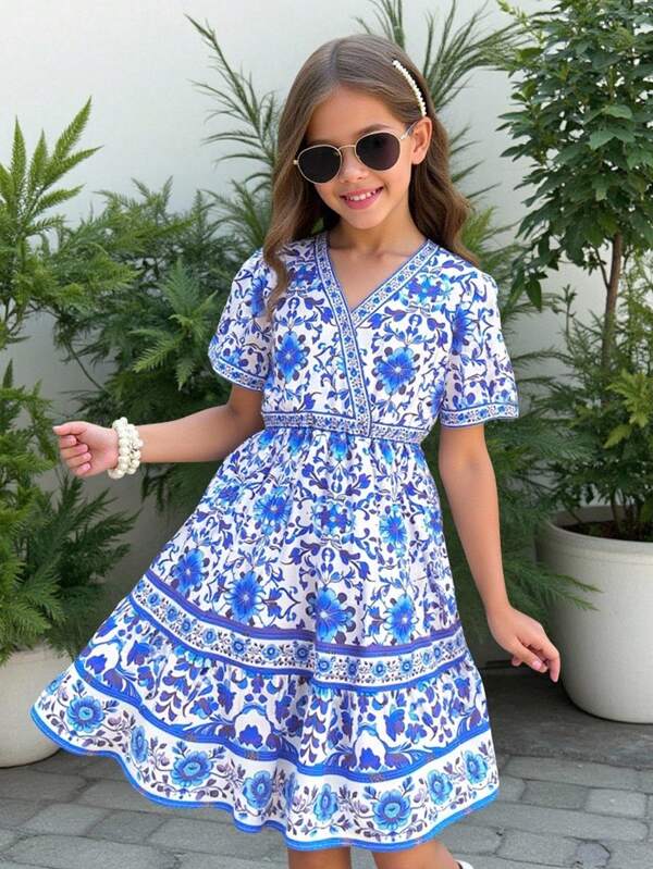 Girls Blue Floral Wrap Collar Short Sleeve Belted Long Dress, Vacation & Casual Wear