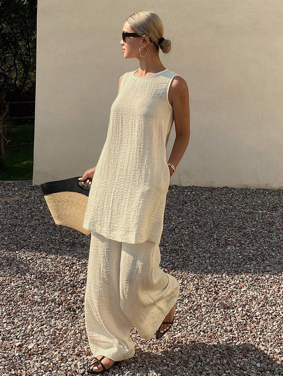 Livesso Conjunto de 2 piezas para mujer de top de tirantes de largo casual y pantalones de pierna ancha de unicolor, conjunto de ropa de verano, ropa de vuelta al colegio