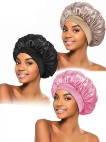 2 piezas Gorro de seda para dormir, gorros de satén, gorro de dormir de banda elástica suave de seda, envoltura de cabello de seda para cabello rizado (negro y dorado) - Decoración del hogar y el baño, gorro de verano para el cabello