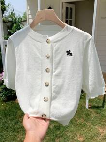Comfortcana Cardigan bianco corto con maniche corte e bottoni ricamati per donna