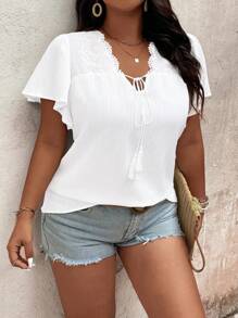 EMERY ROSE Plus Size Women Lace Patchwork Ruffled Sleeve Blouse - White - View 7