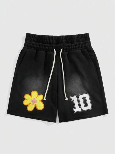 Street Life Pantalones cortos para hombres con doble cintura, bordado floral y efecto lavado