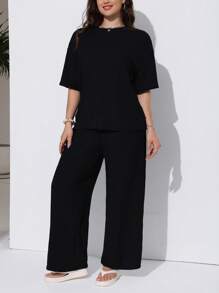 Solflare Plus Size Plain Round Neck Short Sleeve Casual Top And Pants Set